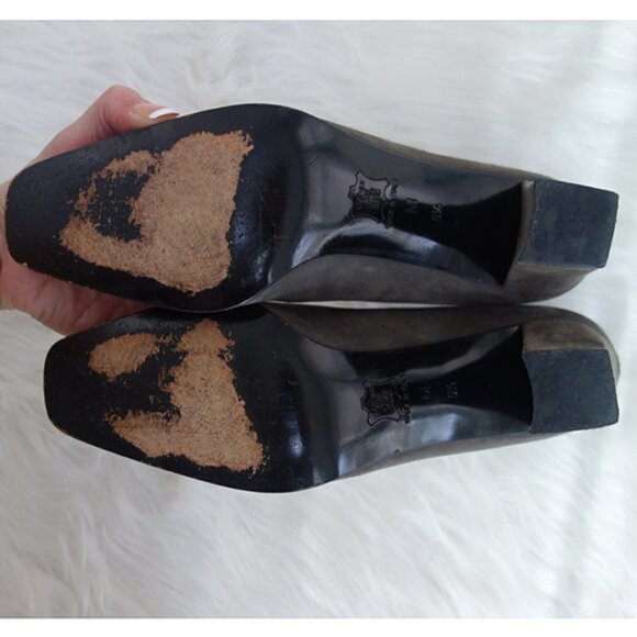 Authentic FENDI Vintage SCARPE Pumps Brown SUEDE Leather Stacked HEELS w/ LOGO! - Picture 9 of 11